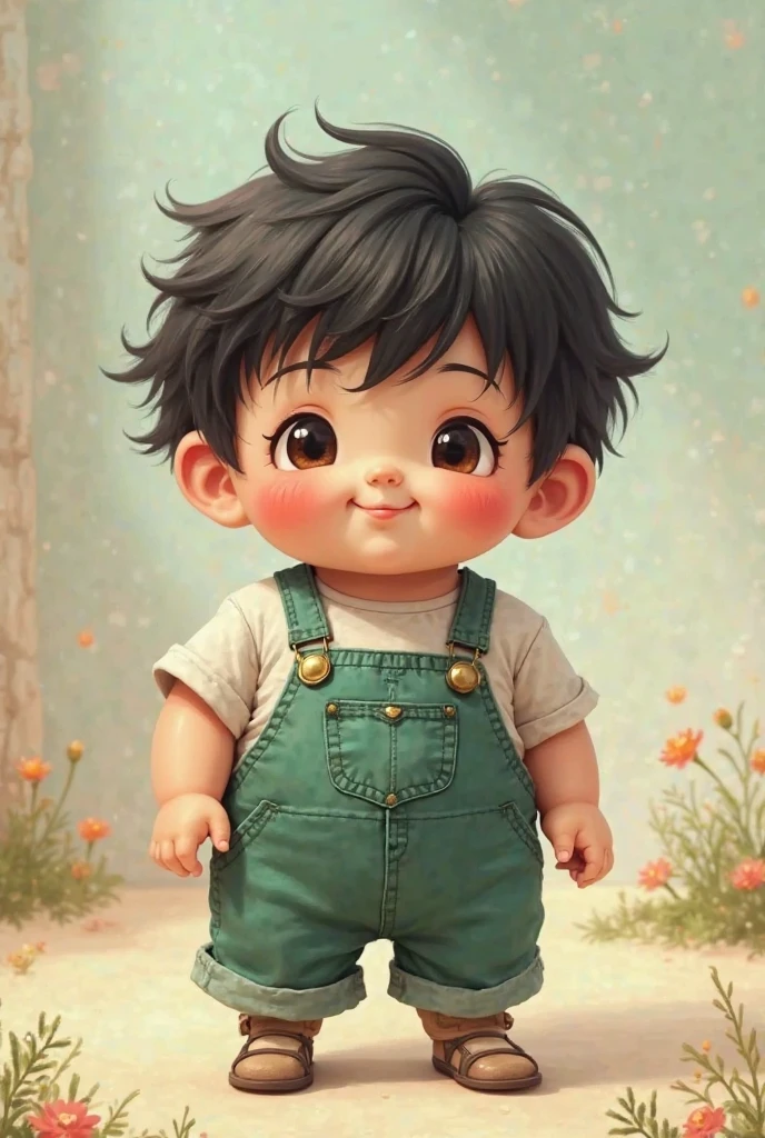 One-year-old baby with short black hair, wearing a mechanic's outfit, next to a giant robot