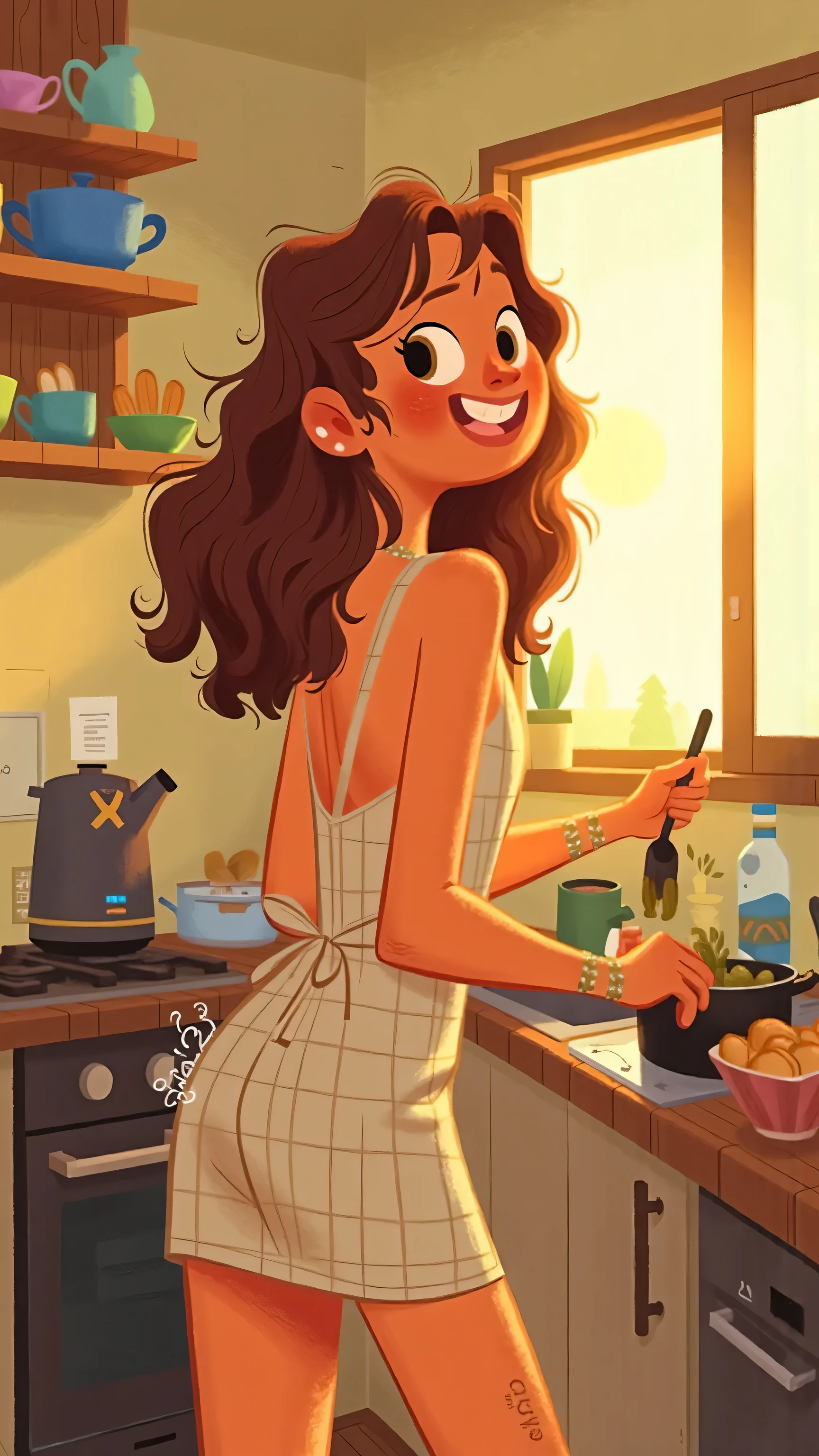 panoramic,Side shot,A stylish and elegant young woman(has long brown wavy hair that is naturally flowing,Brown eyes, yellow skin),wearing a sleeveless strappy sexy light beige plaid dress,smiles and mixes food in the pot on the stove。have brightly colored bowls in the background,Steamer,And freshly made buns。The kitchen has warm lighting,Outside the window is。整体氛围 heartwarming宜人,充满了的Comfort 与温暖。--Style:2d illustration , heartwarming,Life,Comfort 。