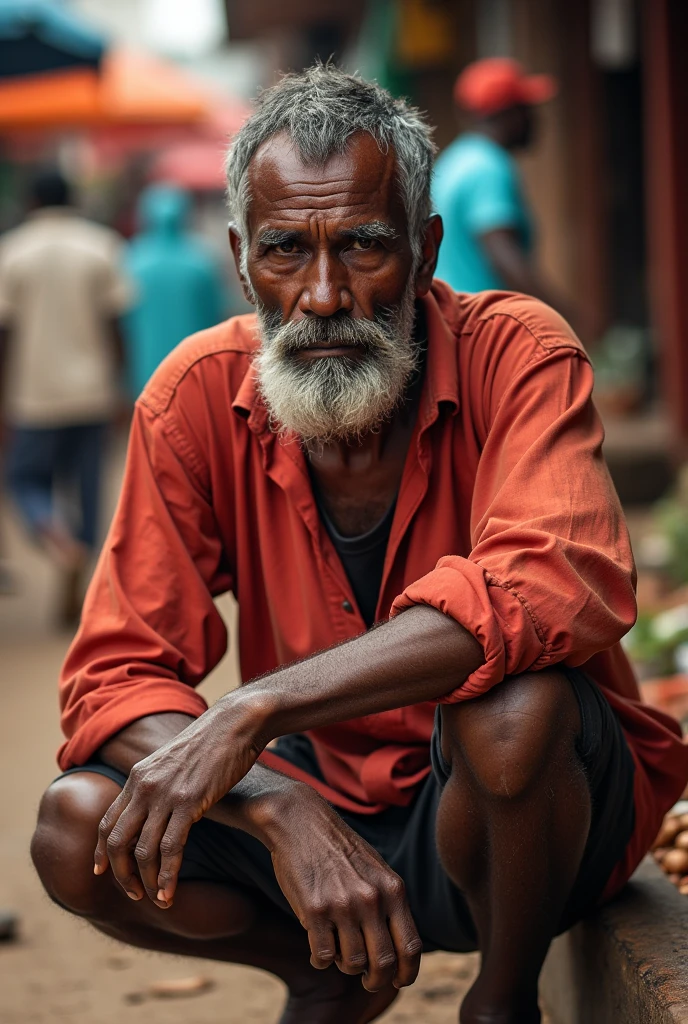 An elderly impoverished Indian man, clothless, patiently waits for food near a market, highlighting the harsh realities of poverty.