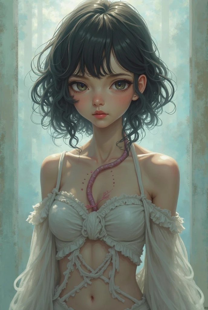masterpiece, best quality, 2girls, (closeup), 18yo teen, slim, small breast, naked breast, nipple, wasteland, grey, desolate, watercolor, ((topless:1.4)), ebony, ((small breasts:1.4)), ((flat cheast:1.4))