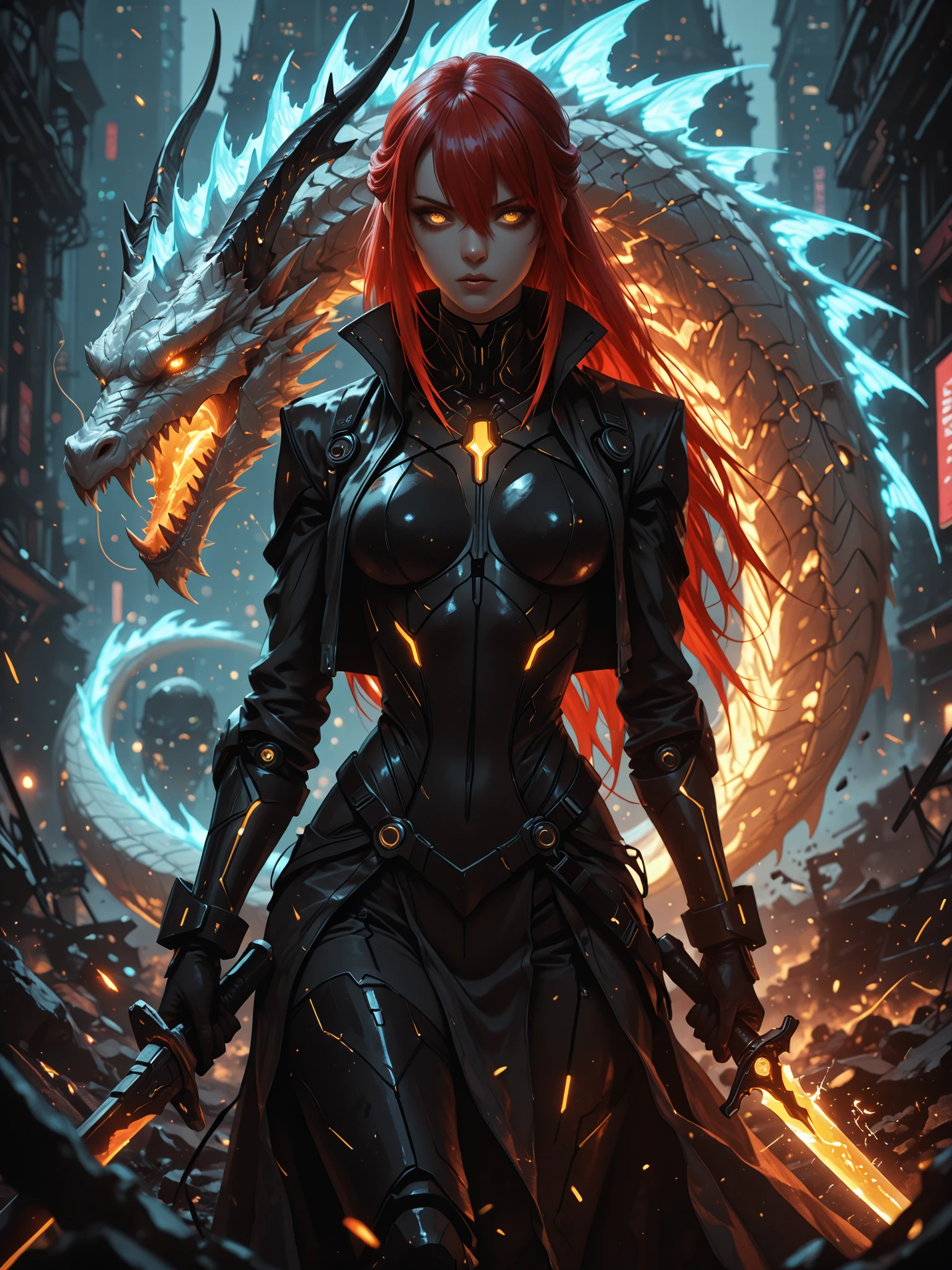 (EyesHD:1.2), masterpiece, best quality, ultra-detailed, very aesthetic, sharp focus, depth of field, vibrant colors, ray tracing, best lighting, detailed illustration, detailed background, cinematic, beautiful face, beautiful eyes,1 girl , golden eyes , very long hair , long sidelocks, red hair ,half updo, petite , very cute , beautiful ,Straight hair, cool, handsome, hair between eyes, sexy, medium breasts , adult, female, elegant woman, cyberpunk warrior, female knight, black futuristic armor, glowing blue cracks, cybernetic enhancements, golden glowing eyes, intense gaze, giant white dragon, dark fantasy setting, ruined city, gothic architecture, two flaming great dagger, battle-ready stance, embers and sparks, apocalyptic atmosphere, highly detailed, dynamic composition, cinematic lighting, ultra-high quality illustration,((Anime illustration)) ((Incarnate detail)) ((Masterpiece)) ((Highest quality)),Xeno, scanlines, monochrome, high_contrast, selective_coloring, muted_palette, full_color, detailed_outline, detailed_linework, cyberpunk, industrial, dystopian, psychedelic ,Dark color, glow0_3