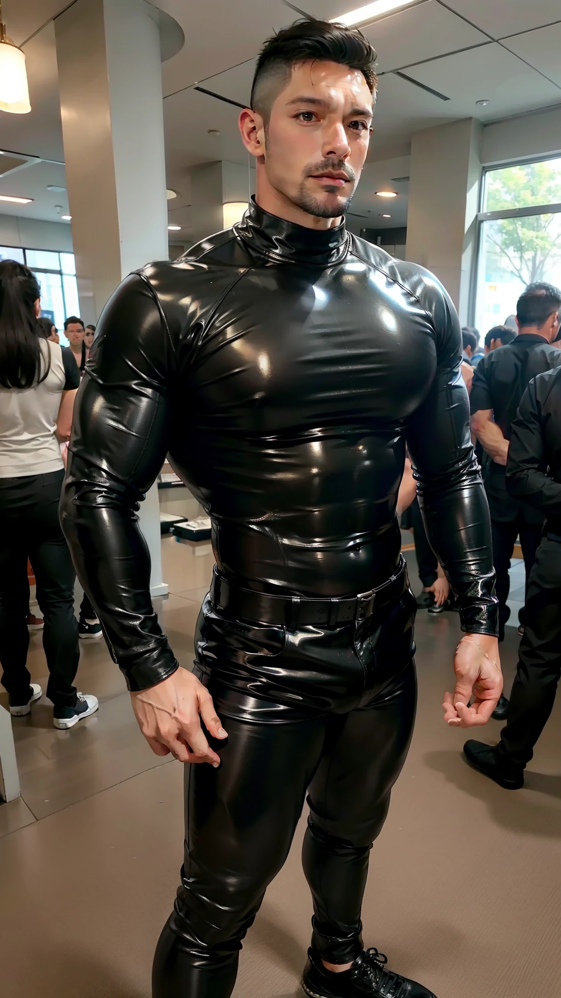 Full body portrait of A middle-aged man wearing a tight black shiny leather leggings,tight black spandex long sleeve sweathirt, Ultra-high quality,Detailed background,Muscular, Muscular,Strong body,Asian Face,Attractive Muscular man,50-year-old male ,sports, A man with sturdy limbs, Partial male hair trunk, wet,Sweating,Soaked, Muscular, muscular body, Hairy chest and body,he is walking in the hallway of library