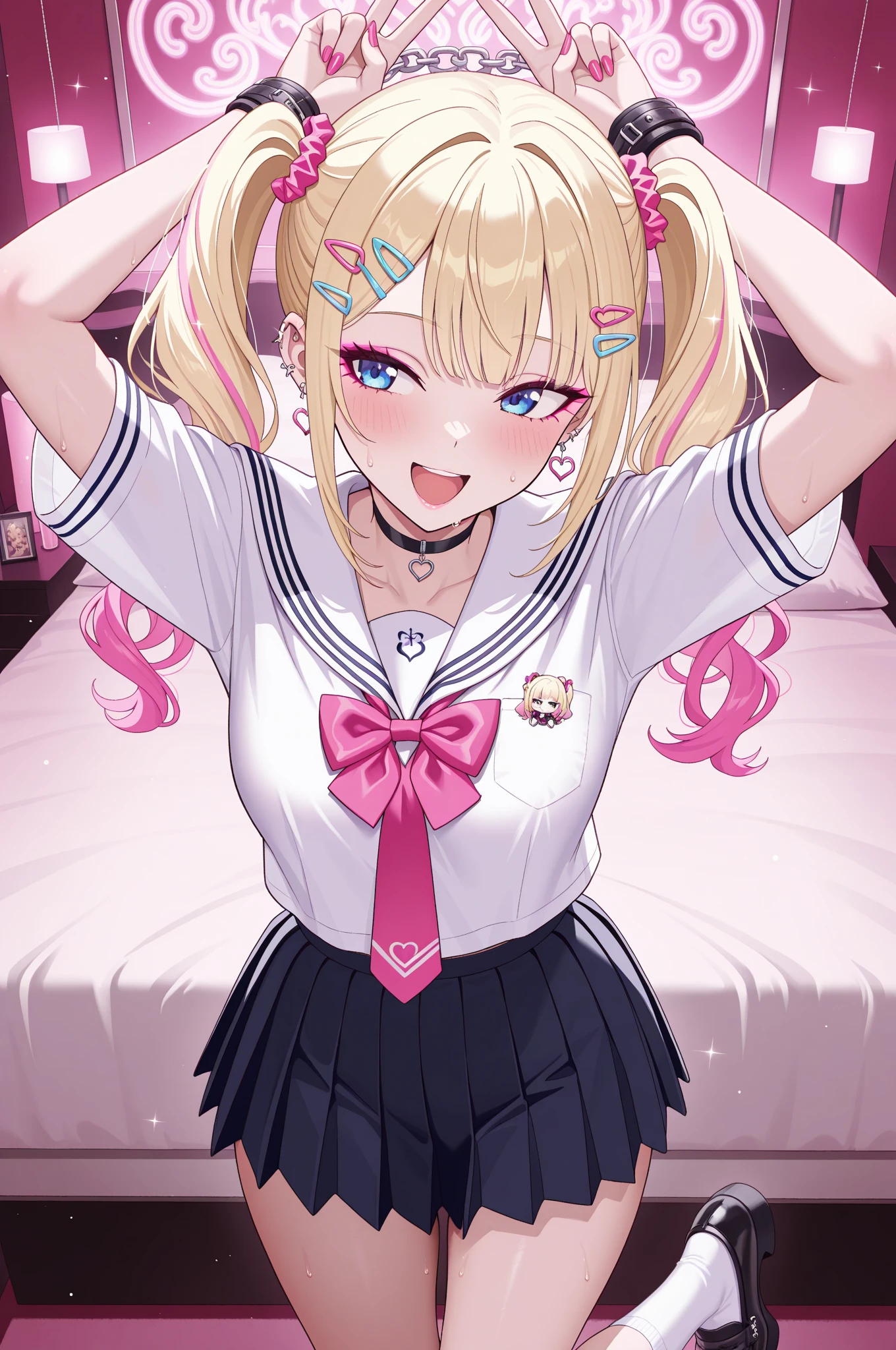 1girl, blonde hair, flat chest, dark skin, choker, white crop top, bra visible through shirt, necktie, bracelet, skirt, thigh strap BREAK, happy, :d, sitting, Gyaru, Flashy girl