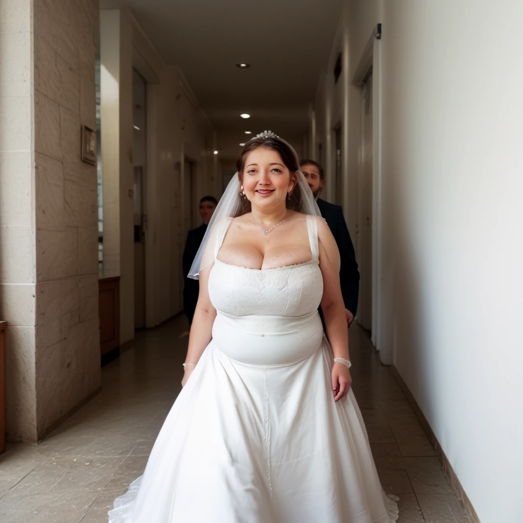 50 years old, A woman with short blonde haire, square cut Real women, she has an hourglass figure, she has a surreal, hentai-like physique, with exaggerated curves that showcase large buttocks and voluminous breasts, she is verry slim, (she is not obese or pregnant)
Elegant woman: Dressed as a sexy bride, with a dress that enhances her figure.
Outfit:
Dress: Fitted wedding gown with seductive details (décolleté, lace).
Accessories: Delicate veil and refined jewelry.
Context: Church, decorated for a ceremony, with pews full of guests.
Accompaniment: A young man at her side, dressed in an elegant suit, flashing a knowing smile.
Action: She stands proudly, beaming, savoring the moment while surrounded by happy people.
Expression: Radiant face, eyes sparkling with joy, showing her enthusiasm for this special day.