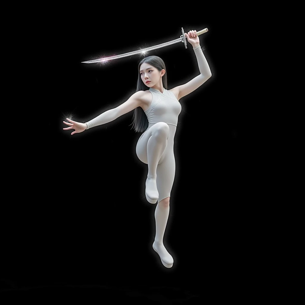 Super realistic, High Detail Face, Clean and delicate face, wide shot, 1 lady, whole body, Swing a Three-section staff with both hands, Black ponytail, parted bangs, wearing a white mini Kung Fu costume, Thighs, Gaiters around shins, Kung Fu shoes, glaring at the viewer, simple color background