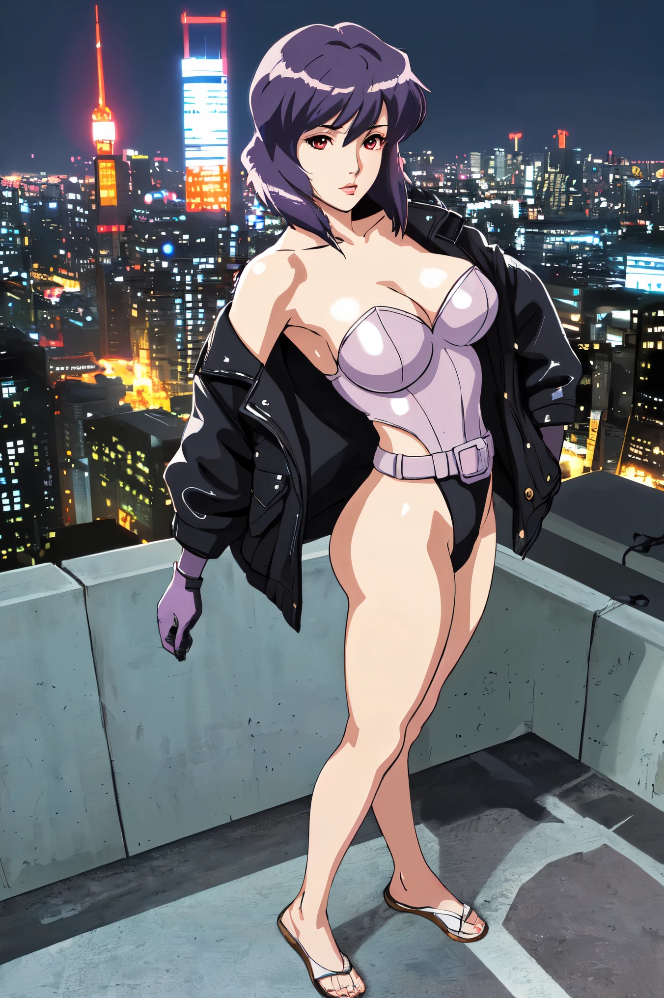 mature female, mature, Adult, himeno, himeno(Chainsaw Man), 1girl, black hair, short hair, eyepatch, Himeno(Chainsaw Man), solo, seductive smile, grin, nsfw, Villains, chest, View your audience, Night town, City, skyscraper, Night, Dark, latex pink leotard under the black cape, dramatic angle, unique perspective, unique angle, masterpiece, Top animation quality，Top image quality,