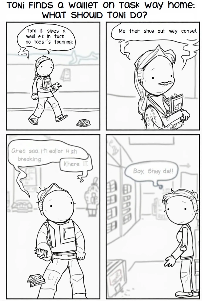 Panel 1:
Toni, a stick figure student, is walking on a sidewalk. She sees a wallet on the ground.
Text: “Toni finds a wallet on her way home.”
Thought bubble: [Empty]

Panel 2:
Toni opens the wallet, revealing cash and an ID inside.
Thought bubble: [Empty]

Panel 3:
An empty street. Toni holds the wallet and cash, looking around nervously.
Text: “No one’s watching.”

Panel 4:
Toni looks conflicted. The background is split: on the left, she’s returning the wallet, and on the right, she’s buying snacks.
Text: “What should Toni do?”