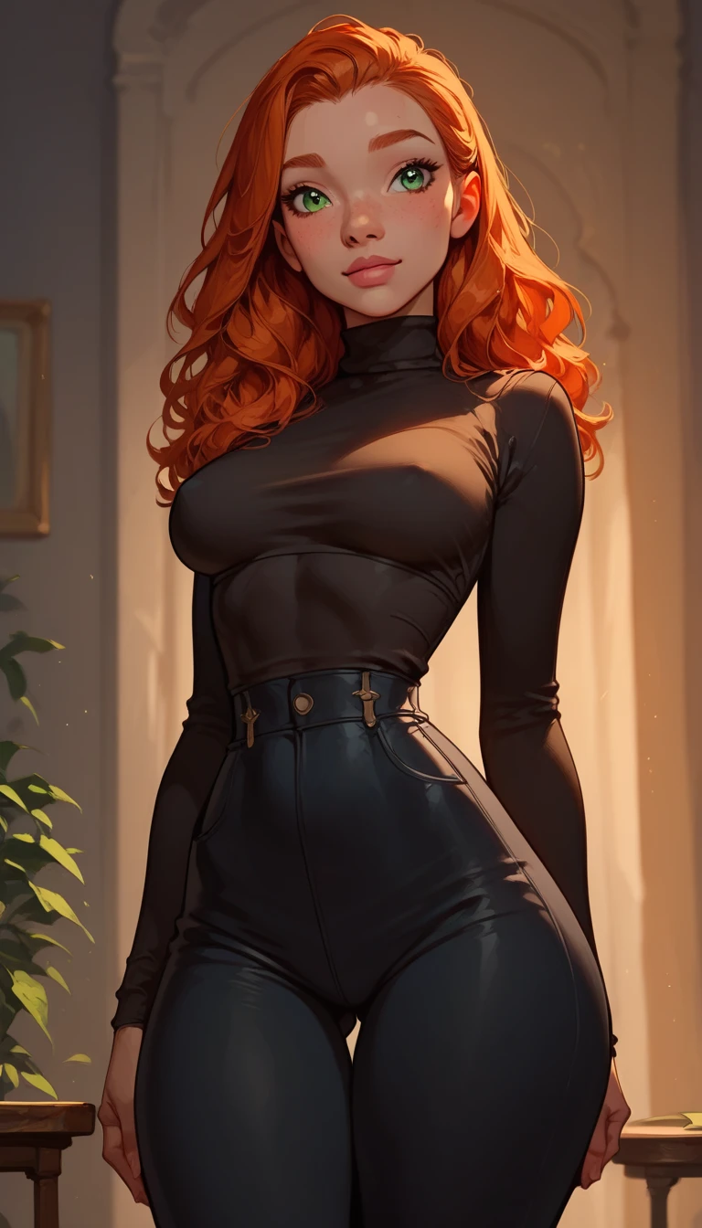 milf, masterpiece, Best quality, ultra detailed, beautiful lighting, 1 girl, orange hair, cat ear, green eyes, freckles, turtleneck top, Looking at the viewer, detailed black stockings with belt, Juicy ass