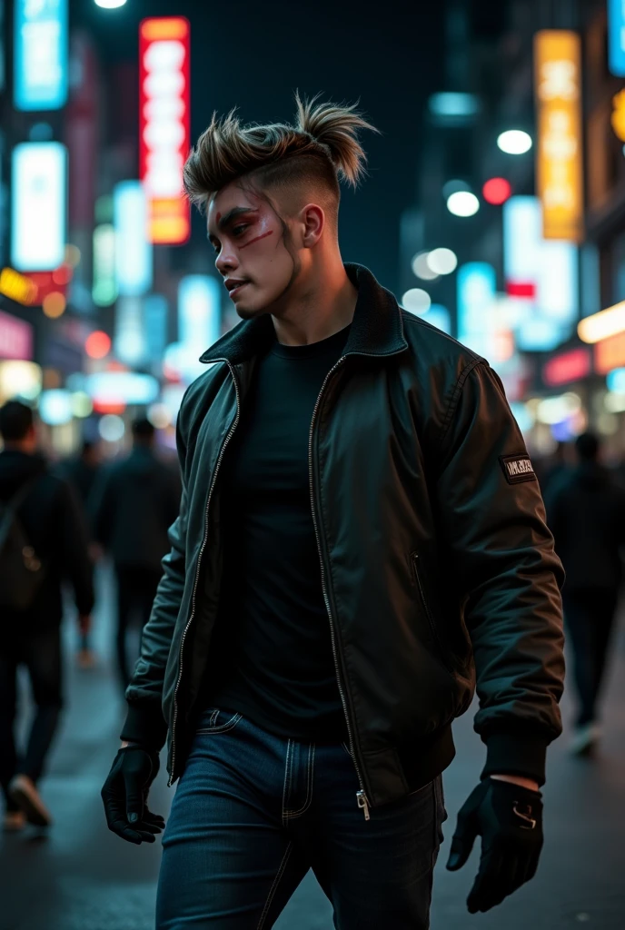 vengeful gaze of a cyberpunk young man walking in a cyberpunk city. Many Neon lights on the background. He is wiping his nose with one hand because it is bleeding