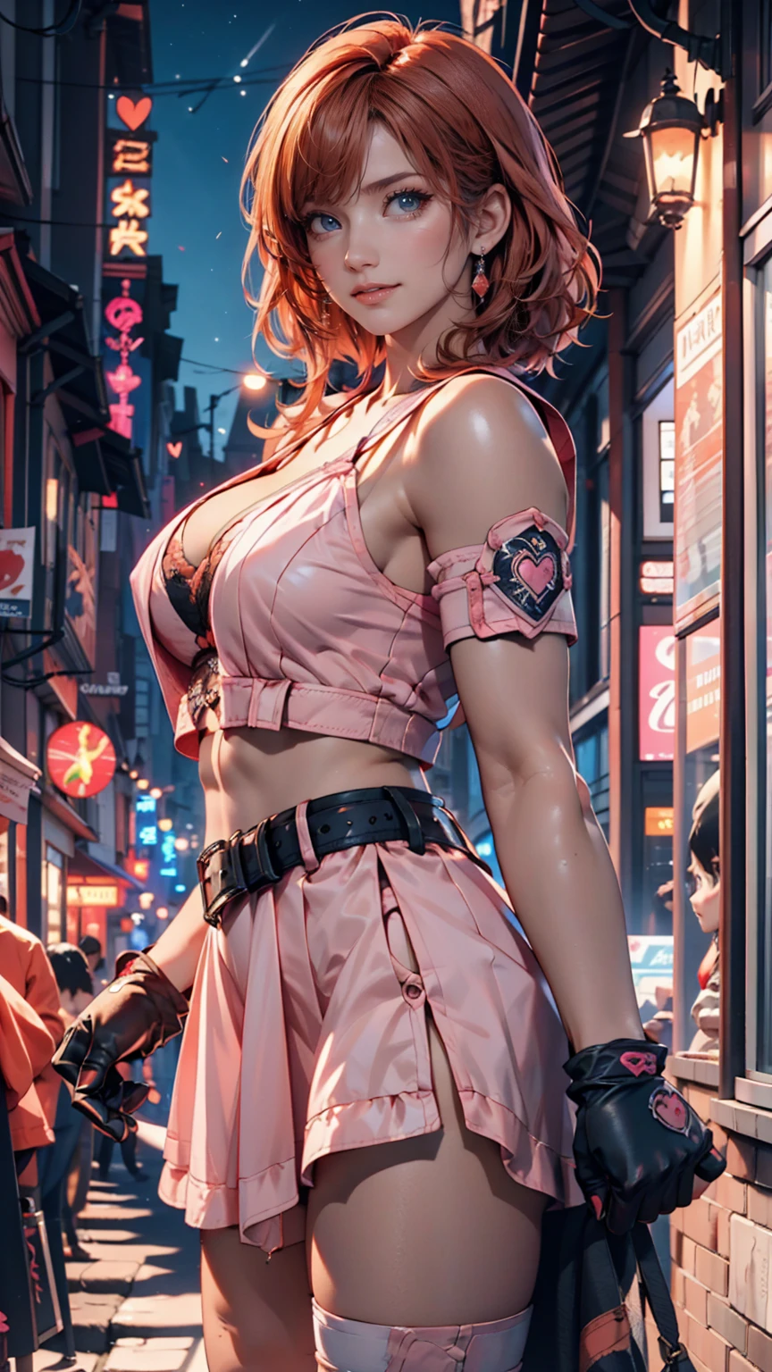 1girl,cowboy shot, beautiful nora_valkyrie, looking at viewer, smile, short hair, blue eyes,heart cutout, gloves, intricate jacket, intricate pink skirt, pink belt, short sleeves, puffy sleeves, single armband, fingerless gloves, orange hair, pink gloves, dynamic pose, night, outdoors, city, (volumetric lighting), best quality, masterpiece, intricate details, tonemapping, sharp focus, hyper detailed, trending on Artstation, big breasts and slender body