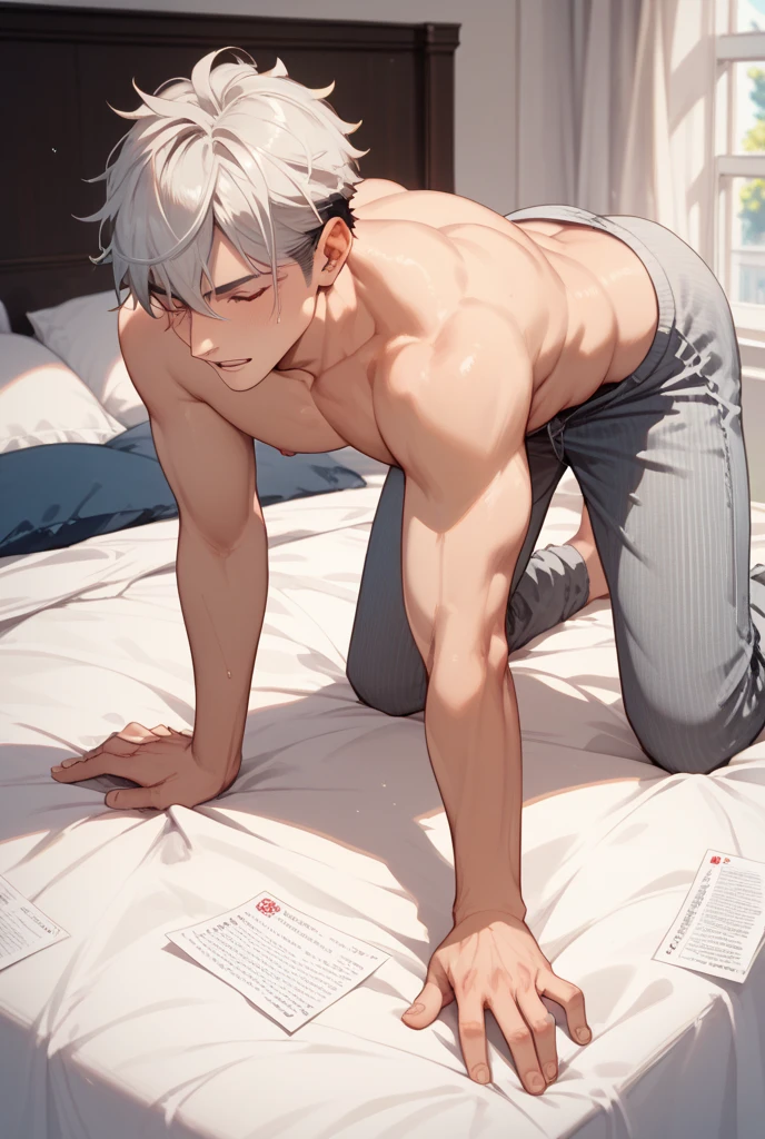 One boy((Silver Hair)、Gay、leggings、(Erection under clothes)、Nipples、blush、Sweat、humidity、hot、orgasm)、Spread your legs