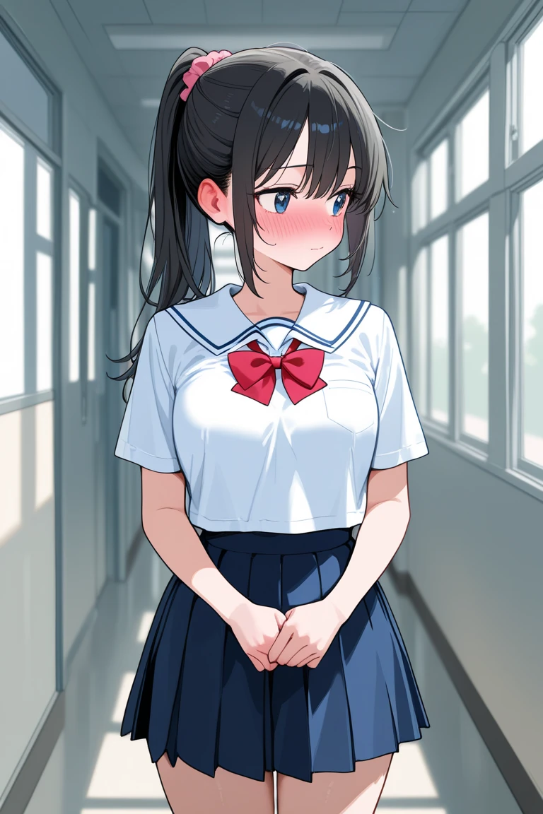 Ponytail White sailor uniform short sleeves:1.9 Dark blue collar Dark blue scarf Dark blue uniform pleated skirt Anime drawings with vivid colors Tall women:1.9 Arms crossed, standing, sweat, , , troubled face, glaring, wrinkled brows, flushed cheeks, night:1.3 Apartment bedroom, white sheets, short black hair, straight hair, bangs swept to the side:1.9. Slanted eyes, brown eyes, tall, , strong-willed, beautiful