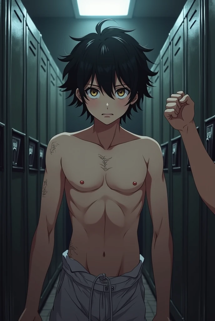 masterpiece, best quality, high quality, 1boy, solo, male focus, looking at viewer, upper body, kabane_kusaka, red eye, red hair, slim body, short body, (shirtless, topless, bare chest), (armpit, show his armpit), the night, sleep, bed room
