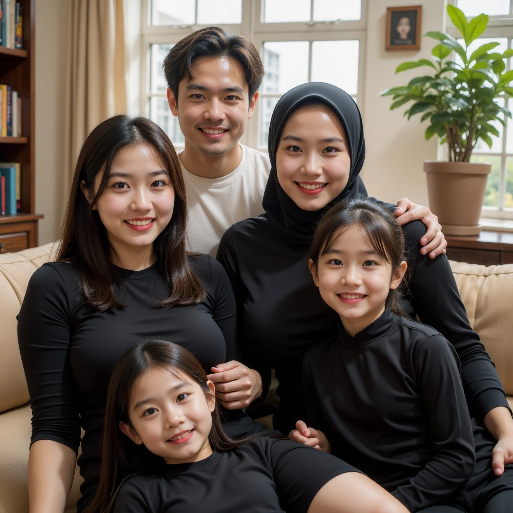 photo of an Indonesian family, four members, one adult men aged 35 years, one adult women aged 35 years, one  boy aged 15 years,  and one teenl aged 7 years. They are compactly wearing typical Malay koko clothes and navy long dresses, harmonious, uniform, wearing hijabs, looking luxurious, sitting on the sofa, luxurious living room background, white lighting, realistic, ultra HD, 8k, clear, focused. 