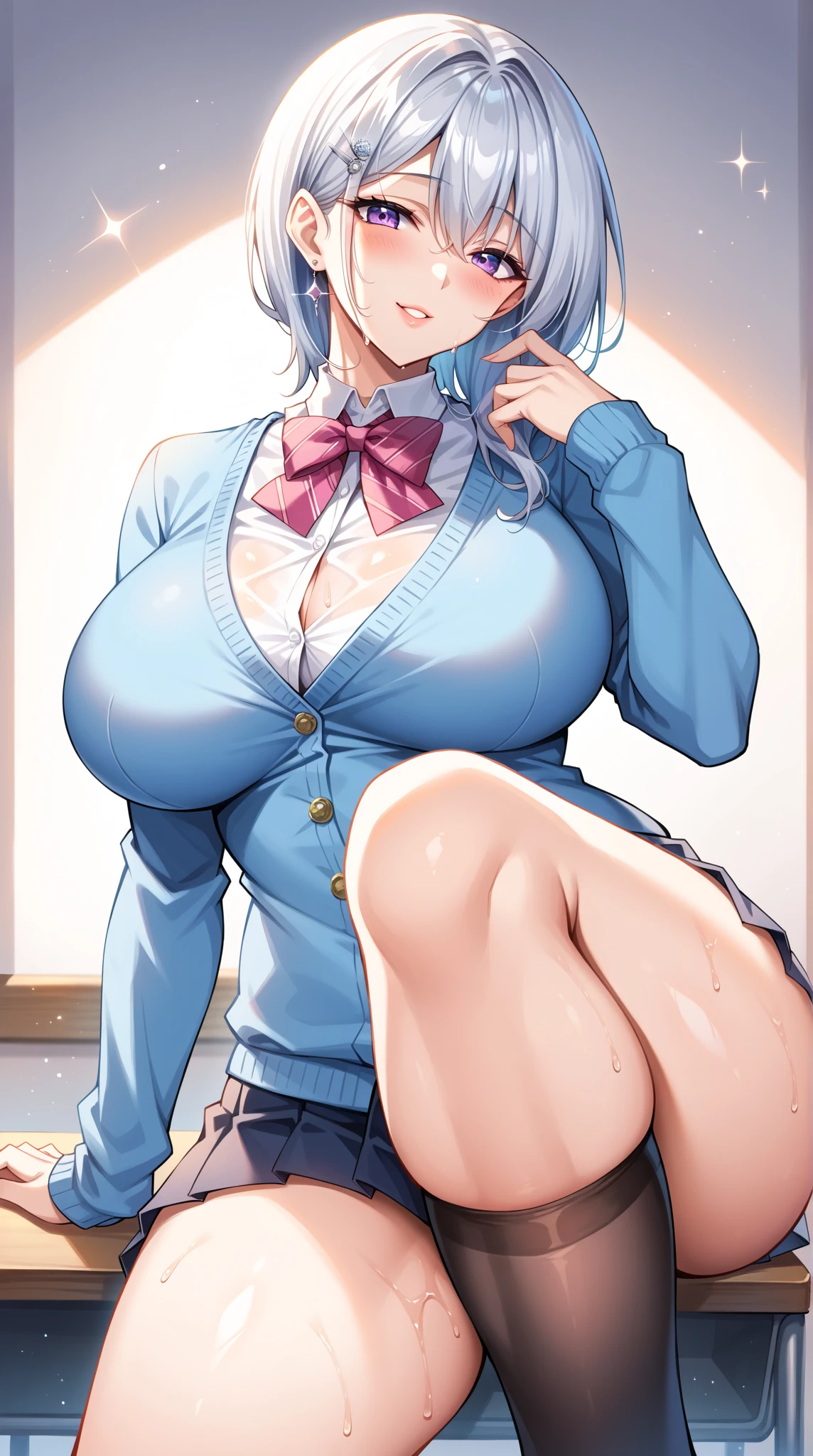 (masterpiece）、（Best image quality）、（Very detailed）、（Very detailed）、4K、（8k）、Best image quality、（beautiful）, 1 Girl,Super Breasts、Thick thighs,Noise Reduction､Emphasis on the crotch､Breast Augmentation,(Black Pantyhose:1.2),The chest is exposed,(nsfw :1.3),(pubic hair:1.3),Sweating,(school uniform:1.2),smile,(Sex slave:1.3),(Bukkake on thighs:1.2),Red glasses