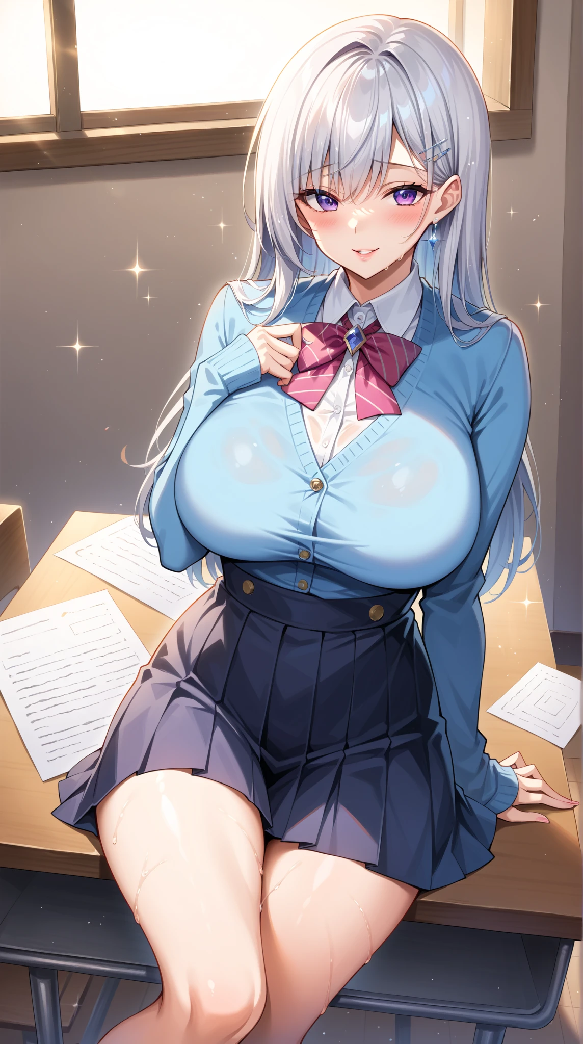 a teenage girl big breast cute beautiful beauty long light blue hair wavy soft her purple eye she wears a white button-down shirt wearing a gray sleeveless button-down vest and a metallic purple skirt pair of red socks yellow heels she shameful shame blushing she holds a red bra belly Arabia