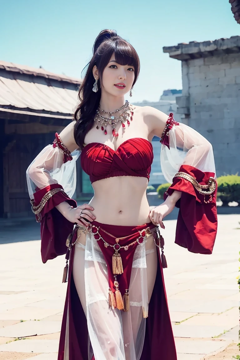 The charming style of a female model, she is wearing red underwear with a transparent gauze skirt. The flower pattern and tassel decoration on the skirt add feminine softness and dynamism to the overall look. The waist of the model is outlined by a red belt, and the golden decoration on the belt is the finishing touch. The gray design and the simple background make the model the focus of the picture, and people will be attracted by her at first sight., (best quality,8k,highres,masterpiece:1.2),ultra-detailed,(realistic,photorealistic,photo-realistic:1.37),studio lighting,ultra-fine painting,sharp focus,physically-based rendering,extreme detail description,professional,vivid colors