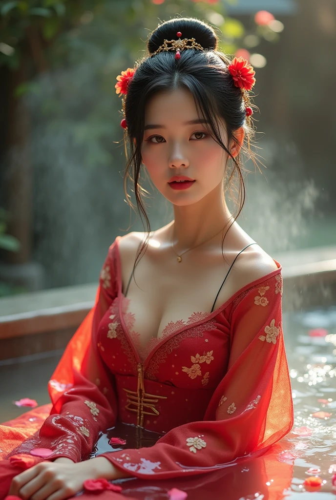 Creating the beauty of Asia，Red traditional cheongsam，Sit on a chair，Keep your feet together，Scratching the scalp with both hands，Wash your hair with both hands on your head，There&#39;s a lot of foam and water on my head，Foam-wrapped head，Realistic bubbles，Character front position，Real People，Character close-up，ancient attic background，9:16 frames，Ultra HD Painting