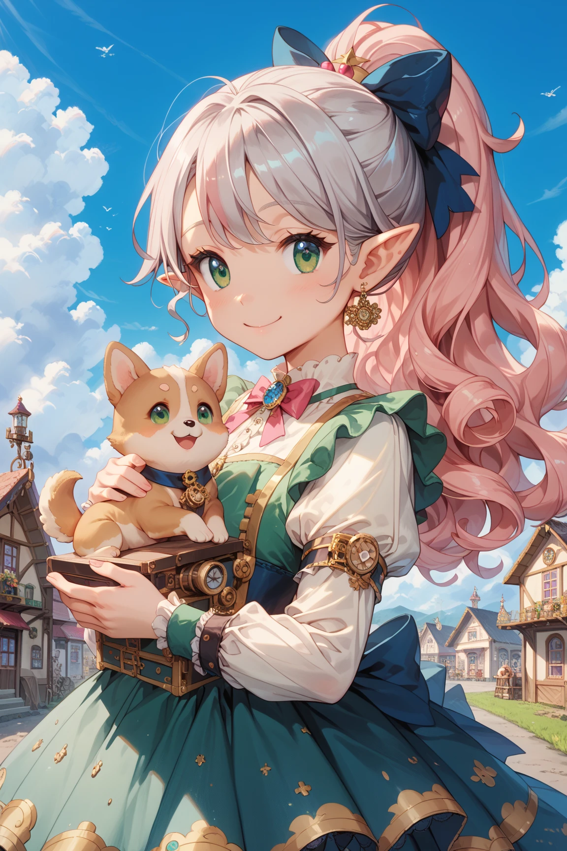 (masterpiece), masterpiece。One female elf。 pink hair , silver hair , long curly hair ponytail  。 green eyes.  cute steampunk cowgirl outfit 。  cheerful smile . Background is Western Style Town, Dusty Wind, blue sky and white clouds.。Cute corgi dog with Bauhaus style 