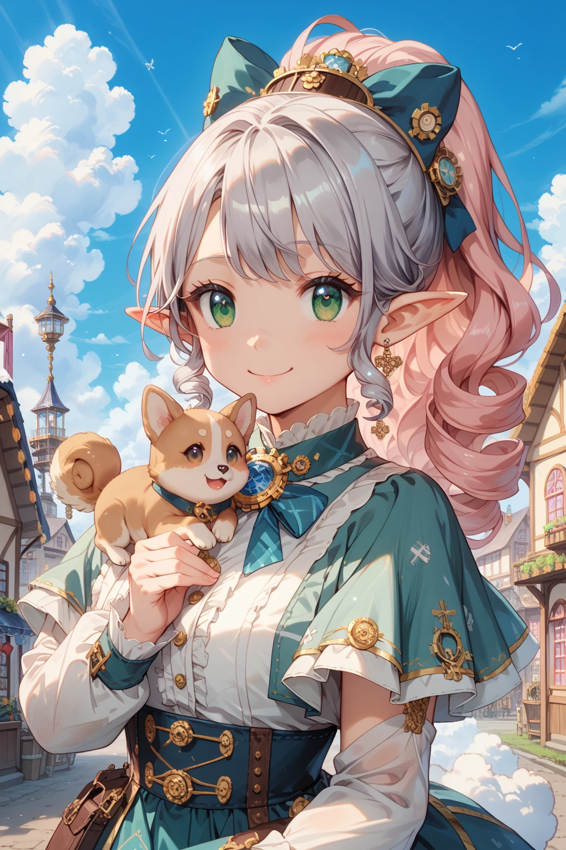 (masterpiece), masterpiece。One female elf。 pink hair , silver hair , long curly hair ponytail  。 green eyes.  cute steampunk cowgirl outfit 。  cheerful smile . Background is Western Style Town, Dusty Wind, blue sky and white clouds.。Cute corgi dog with Bauhaus style 
