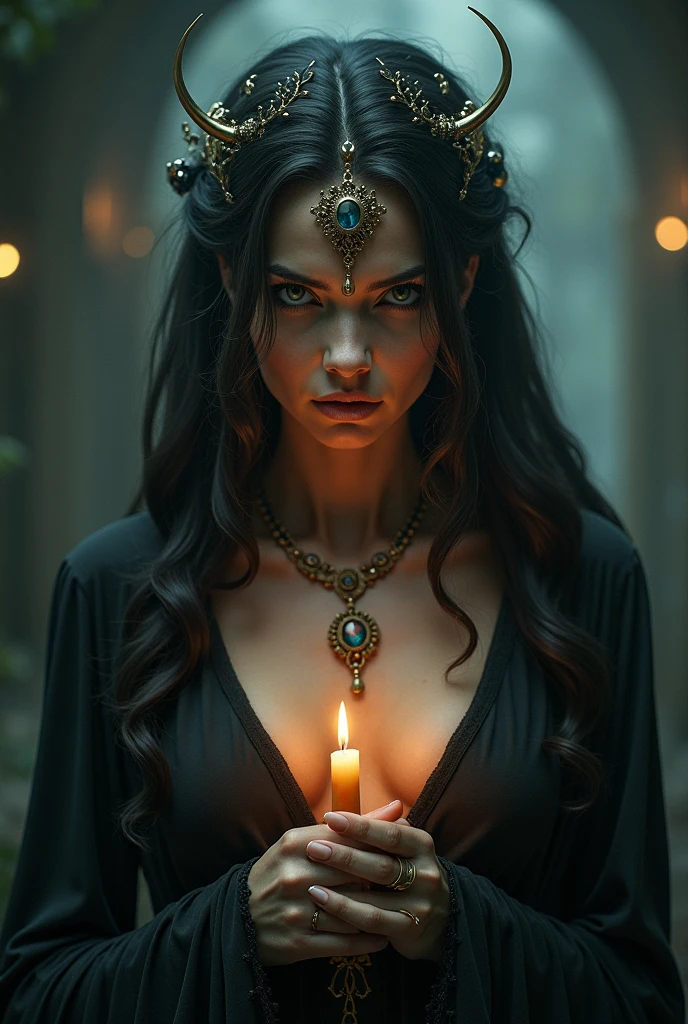A woman with pale skin and long black hair, yellow eyes like flames, blue robes with gold. She is surrounded by yellow sunlight.