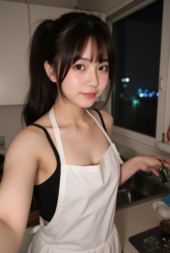 beautfull Japanease woman、((best qualtiy, 8k, tmasterpiece:1.3))、((realisitic:1.5))、((sense of reality:1.5))、Perfect figure beautiful woman:1.4、((Layered Hair Style、medium chest:1.3))、Highly detailed facial and skin texture、glowy skin、A detailed eye、double eyelid、(Apron naked:1.2)、(breast cleavage exposed:1.1)、see the beholder、Oblique side view、(kitchin)、((Embarrassed face))、((fully body photo:1.5))、((Naked apron:1.3))