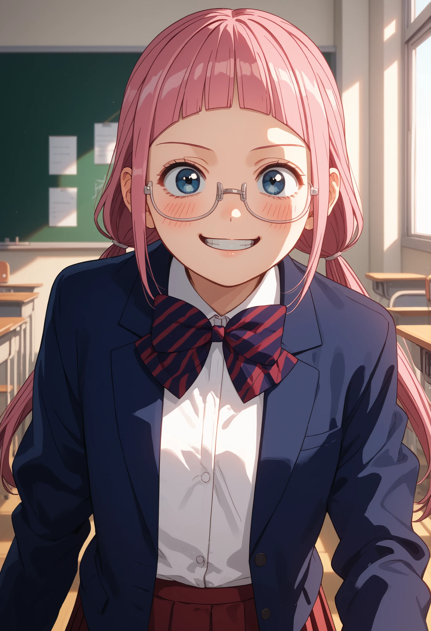 score_9, score_8_up, score_7_up, solo source_anime, makeruyadano, makeru yadano, long hair, bangs, ponytail, pink hair, twintails, blunt bangs, blue eyes, glasses, skirt, shirt, long sleeves, bow, school uniform, blue blazer. white shirt, pleated skirt, striped, collared shirt, bowtie, red skirt, striped bow, striped bowtie, in a school classroom, smile, blush, looking at viewer, cowboy shot, dynamic angle, masterpiece, 8k quality, high resolution, perfect lighting, dreamy atmosphere