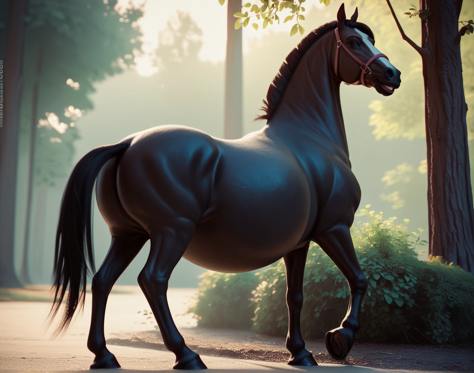 Black stallion horse, antro, bunda grande, perspectiva do bumbum, bumbum bonito,macho, no meio do forest,cabelos pretos longos, olhos verdes , Arte peluda,3d render realista, fotografia
