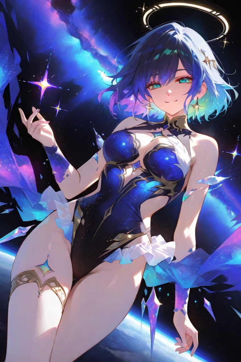 (masutepiece:1.3), (Best Quality:1.3), High resolution, Couboy Shot, on back,Superb view、Have the best smile、huge smile, (One Cute Girl:1.3), Solo, huge smile、A ring of iridescent angels floats above my head、Angel Ring、Eight-headed body、Colorful starry sky,White dress、Pretend dress、Focus on the brightness of your eyes、Smile embarrassedly、One eye closed、One eye is blocked、Holding your stomach and smiling、Purple hair, (bobhair:1.2), Mixed mesh and light blue、Short Bob Hair, (Blunt bangs:1.2), Beautiful hair, Eyes are purple, Miraculous Eye、Beautiful detailed eyes, ultradetailed eyes、Glitter eyes,from the rear、Colorful starry sky,Stars,Iridescent aura around the eyes、Put your hands on your hips、open arms、patting the head、Lie down and stick your hips out、Iridescent eyes、Narrowed eyes sucked in,Wearing a rainbow-colored aura from the whole body、 Shadow lighting,perfectbody