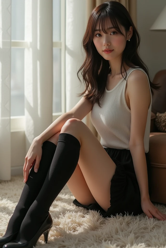 Realistic photos、Pay attention to the cute high school girl's face、bikini、Beautiful way to sit , Sit well, Taken from the opposite seat, skirt, High heels, pantyhose,