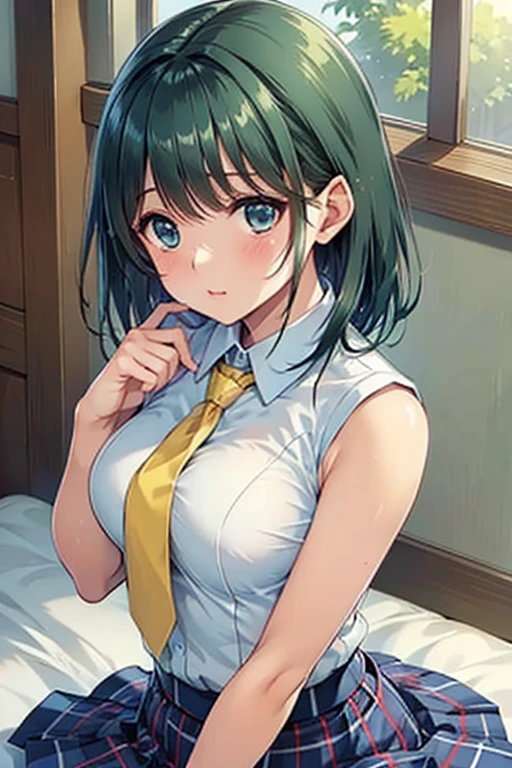 top quality、masterpiece、8k、anatomical structure、perfect body to be banged in front of the camera、 beautifully arranged lights、green eyes、 uniform(white shirt、sleeveless、 yellow tie 、White cuffs、Black Knee High Socks、micro mini skirt on a standing platform、blue plaid pleated skirt)lying in bed、Roll Up Skirt、in a barrel with an embarrassed expression、cover、faces、wearing a skirt on their hands、wet skin、 from the front 、 soft shadow、Morning Light、green hair、pictures、high resolution、Hands Up、Slap in the face,from above、Crawling、all fours,(upper body)、from behind、looking back up the ladder