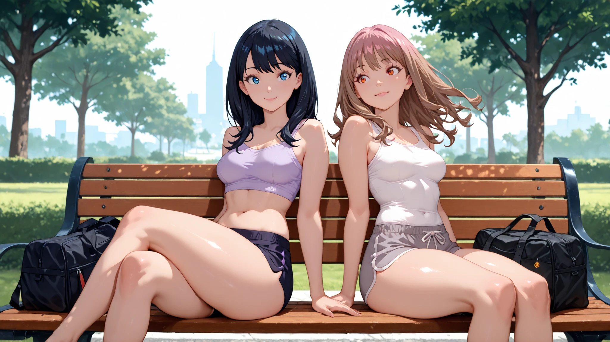 minami yume, takarada rikka (gridman universe) Two beautiful girls sitting on a bench in a park, both wearing tank tops and shorts. the woman on the left, with long brown hair, is wearing a purple tank top and gray shorts, and has a relaxed expression on her face. she appears to be in her mid-twenties, with a slim body and medium breasts. the other woman, with short black hair and a white tank top, medium hair and thick thighs, is sitting on the right side of the bench, wearing black shorts and has her legs crossed. both women are smiling and appear to be enjoying each other's company. natural light,(HD eyes:1.4), on the bench next to them, there are two bottles of soda and a black duffel bag. the background shows a grassy field with trees and a path in the distance. 2girls, unrivaled beauty, fit female, bare shoulders, eyelashes, porcelain skin, good-looking, ufotable, bare legs, shiny skin