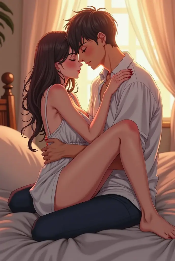 cute young woman in her cozy room with a man, girl wearing a T-shirt and ((panties)), man is wearing long pants, ((American)), man is spanking teengirl otk, man giving a young woman a firm spanking, girl looks embarrassed, Blush, depth of field, high quality color marker and pen illustration
