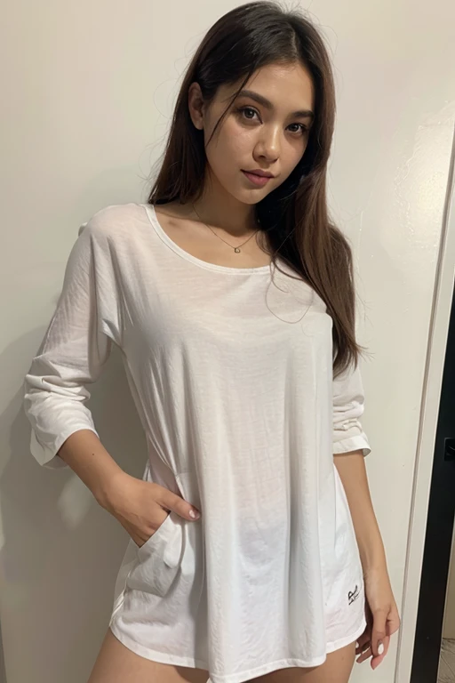 ultra-realistic photographs,Iranian Instagram female model,mid 20s,9:16,mid-shot,beautiful detailed eyes,detailed lips,longeyelashes,black stylish hair, naturally full eyebrows,perfectly formed nose,expressive face,attractive appearance,candid photo,vibrant and colorful round-neck t-shirt dress, plain dress, hostel room background, serene atmosphere,stunning architecture,soft and natural lighting,vivid colors,photorealistic,HDR,highres,studio lighting,ultra-detailed,bokeh,fully covered clothes