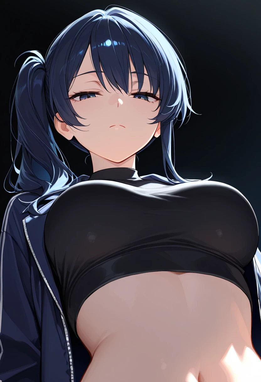Curvy blue eyed girl with long wavy black hair and small breasts, (cruel_expression):4.0, lewd:2.0, (pubic_stubble):3.0