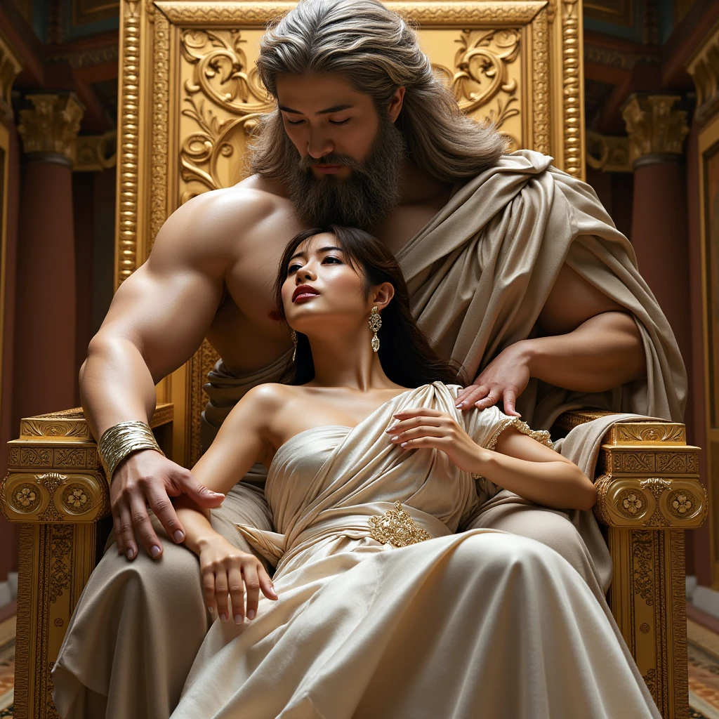 full body, naked, three females knee greek with cloak, female greek take a bath, painted of rugged zeus and queen hera, god of thunder, female greek god, white hair, masculine, mature, handsome, upper body, muscular, hairy torso, fantasy, intricate, elegant, highly detailed, digital painting, artstation, concept art, smooth, sharp focus, illustration, art by gaston bussiere and alphonse mucha, almost naked