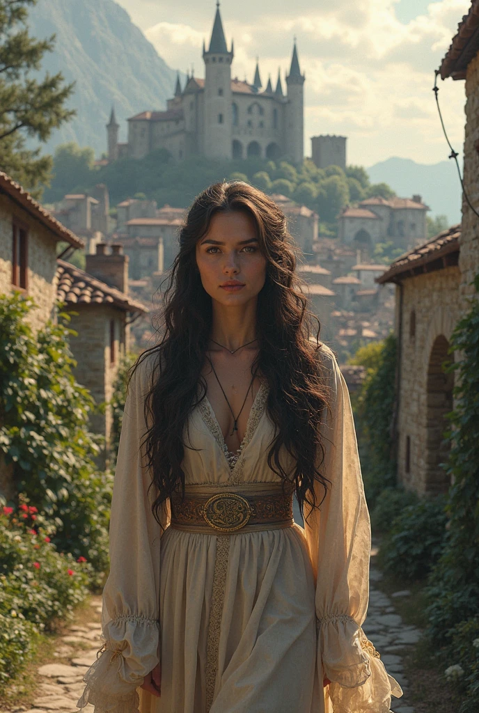 (​masterpiece, best quality:1.5), highest quality, High resolution, super detailed, Realists, Upper body photo of a black-haired archer, detailed and beautiful eyes, beautiful detailed lips, very detailed eyes and face, longeyelashes, Archer in shiny satin dress, Simple details in the fabric. Beautiful and colorful makeup, open hair, Gardens as background, bright daylight, bright colors, fine brushstrokes, Portrait style, beautiful color palette, glowing skin, First-class rendering, that captures every detail, enchanting atmosphere, (perfect anatomy:1.2), (The stunning archer holds a bow.  (magnificent panorama view:1.2)