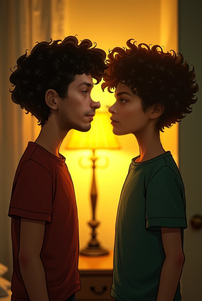 A white woman with darker red curly black power hair, a little chubby, arguing with a boy with curly finger hair, the girl is white and the boy is white