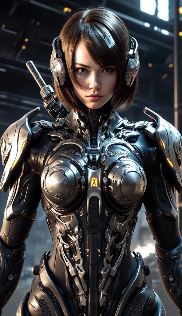 A full-length figure of a cool girl wearing a detailed steampunk armored suit. Exposed wiring, lots of cords and tubes connecting to the system.