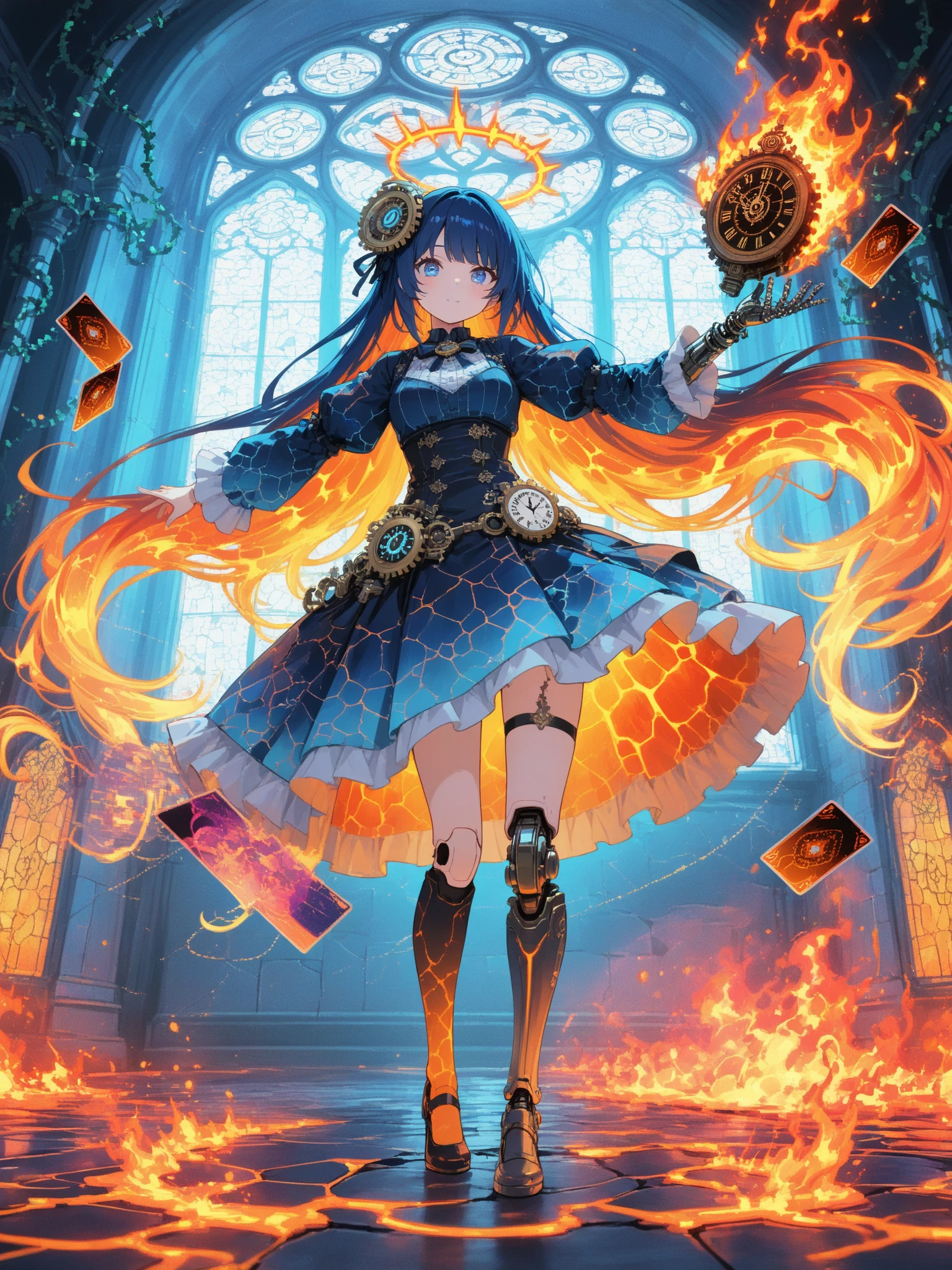 two-dimensional neon gradient hairline beauty full body portrait，clown one-legged inverted throwing burning card action，baroque carvings and cyber neon intertwined light，fantasy background Shattered church window watercolor texture，Asymmetric metal prosthesis wrapped around fluorescent vines，face hidden under lava cracks，body liquid merry-go-round，Rembrandt style Feeling，8K image quality shows the layering of enamel and holographic projection Effect {x} Twelve constellations rotating in reverse in the shadow of a steampunk clock，Fisheye lens distortion composition，Rubens's dynamic shape combined with the dislocated joints of the puppet with thread lifting，costume fold implantation fault art pixel crack，left eye transformed into gear pupil mechanical prosthetic eye，background overlay multi-exposure carnival ghost，neon blue and lava orange color tones permeate the whole body