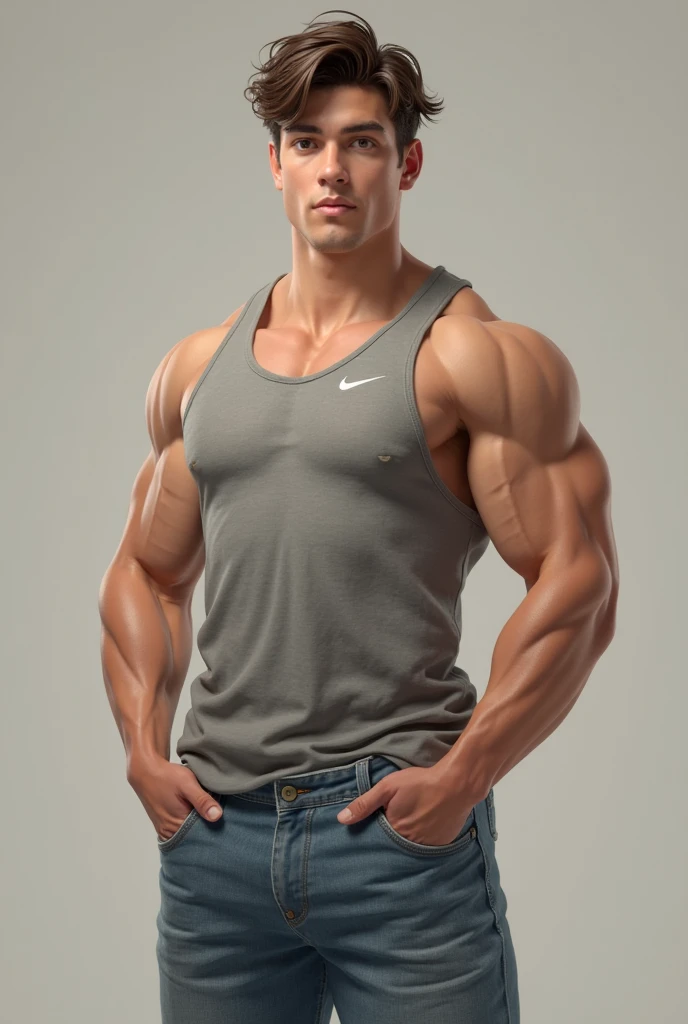 Masterpiece, Best Quality, Solo, Korean Men, studio background, bodybuilder, Muscular body, big muscle, Natural eyes, Large protrusions, Short and delicate red hair, Sexy Man, looking up at the viewer, Less top,light gray pants,bulge, Small plots, Standing, Muscular posture