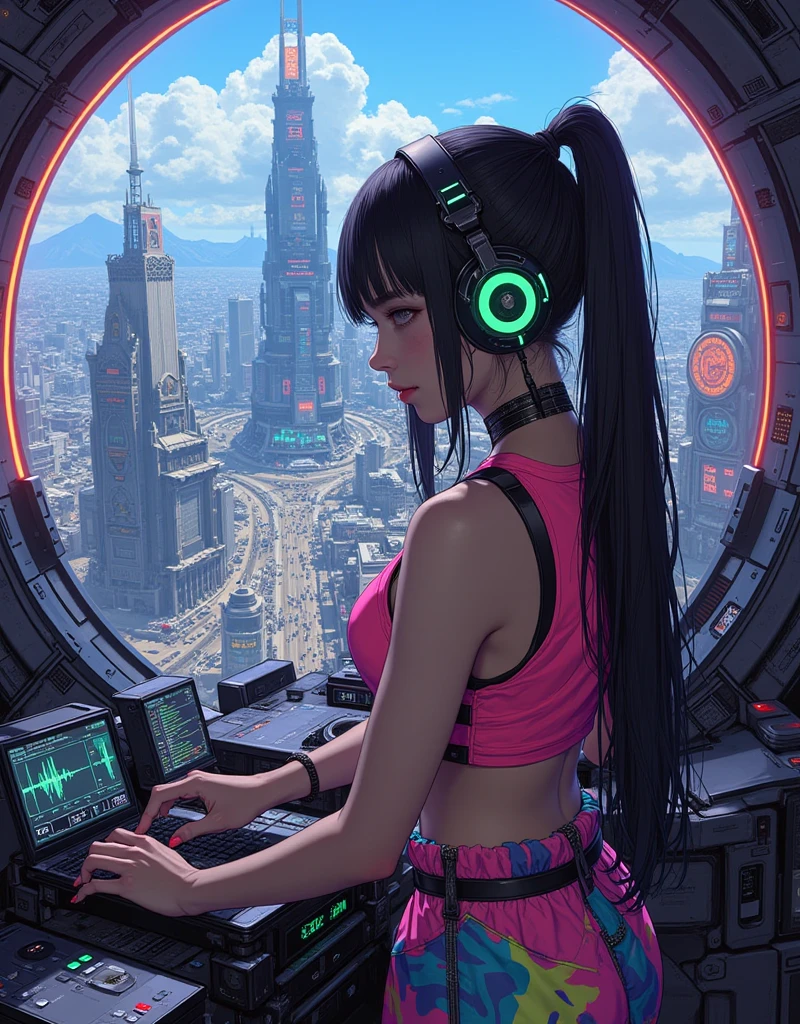 A fusion of watercolor and oil painting, From behind, Highest quality, Super quality, 16K, Incredibly absurd, Very detailed, Two high rise buildings, Back view of a woman sitting on a trapeze, Wind, Wind-effect, moonlit nightscape, (Nice views:1.1) , cyber punk, steampunk, Dieselpunk, Clockpunk, artwork, Mixture Art, Blended Art, Design Art