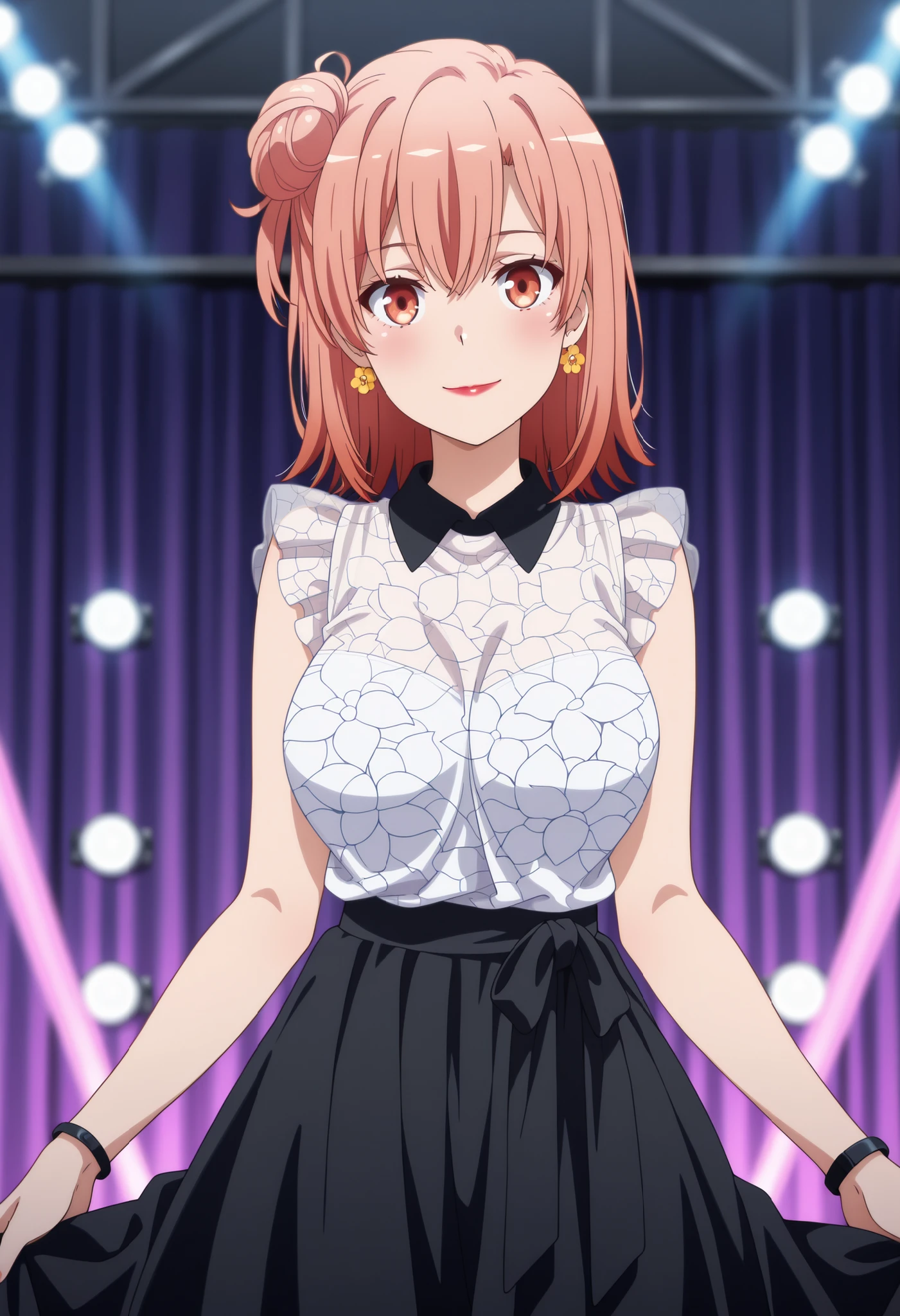 anime screencap, masterpiece, best quality,
1girl, solo, closed mouth, light smile, blush,
medium hair, orange hair, single side bun, orange eyes, hair between eyes, flower earrings, red lips,
YuiDress, wing collar, black collar, frilled shirt, sleeveless shirt, see-through shirt, white shirt, high-waist skirt, long skirt, black skirt,
skirt hold, wide hips, large breasts
cowboy shot, standing, looking at viewer,
stage lights, indoors, blurry background