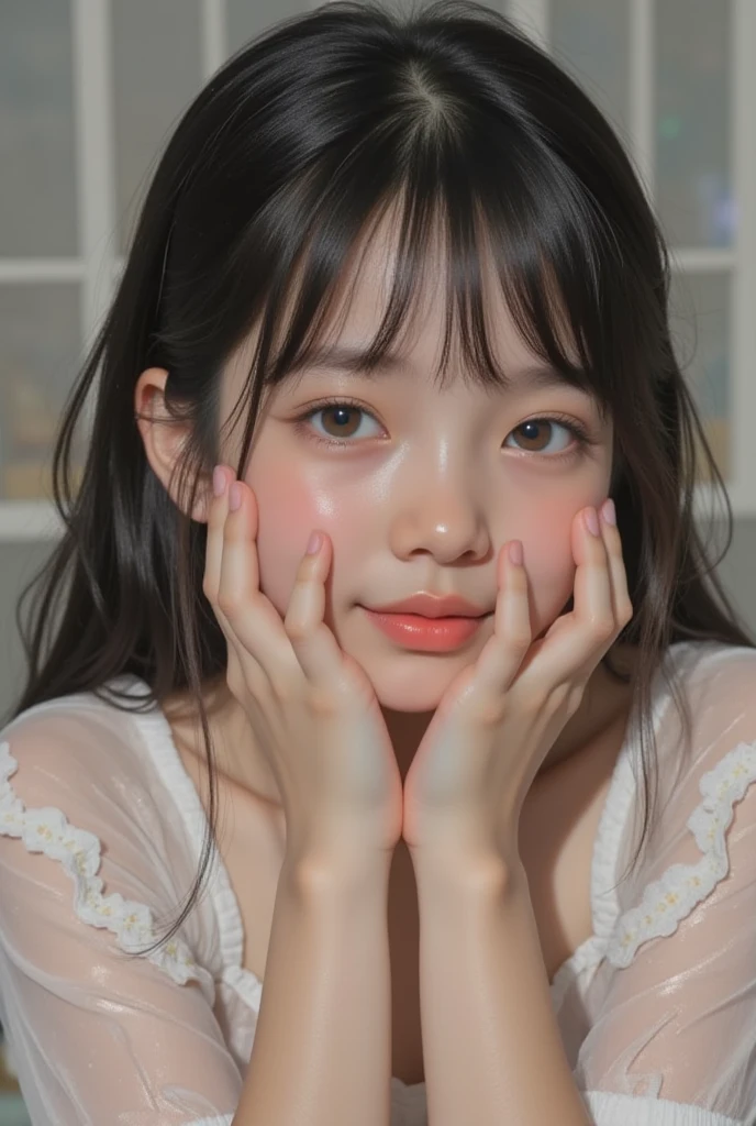 High resolution, Highest quality, super high quality, Very detailed、Embarrassing、Sweaty、Sweat、Eyes from below、Girl seen from the floor、Low - Angle、 See through、