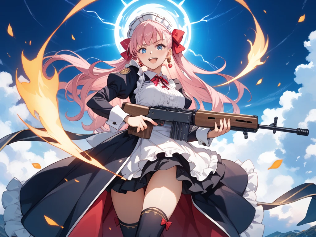 1girl, masterpiece, front view, from below, ((fires, flame in background)), light very long hair, pink hair, red  eyes, (star hair ornament), medium breasts, small hip, ((school blazer uniform)), black blazer, white shirt, red ribbon tie, check pattern green skirt, high school, (((wind flow up skirt:1.2))), ((white panties:1.2)), (cloth pieces:1.1), surprised , (torn clothes:1.5),(white bra1.2)