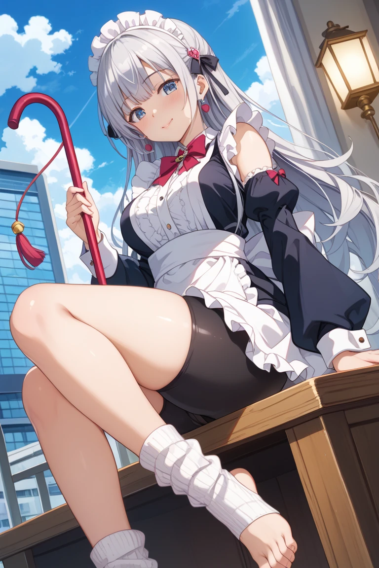 best quality, amazing quality, very aesthetic, absurdres, (1girl, mutsuki, blue archive, solo, red eyes, white hair, side ponytail), (realistic face:0.9),(thong:1.8),dress lift, (grin, blush, thigh:1.3), (cowboy shot), (glistening eyes), (half closed eyes:0.9), (), (official art:1.3), (panties around one leg), expressive eyes, perfect face, 4k, extremely detailed anime illustration, extremely detailed eyes, perfect anatomy, light rays, extremely delicate body, smooth skin, (anime background:1.5), clear eyes, beautiful face, small breasts,(anime style:1.7), (Warm Light:1.5), (highres:2),