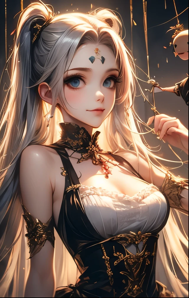 (((SFW、Highest quality、 first class masterpiece 、 Normal Body 、32k、 detailed face 、super precise、 normal hand、5refer to、Highest)))、mile、Miles、Adele von Ascham、Beautiful Girl、Pink silver hair、twin tail、Glowing Hair、beautiful breasts、slender、 slim、Petite、 can be used、Puppet、Manipulated by Threads、Manipulated to Dance、Massive Threads、Tangled Threads、 Marionette