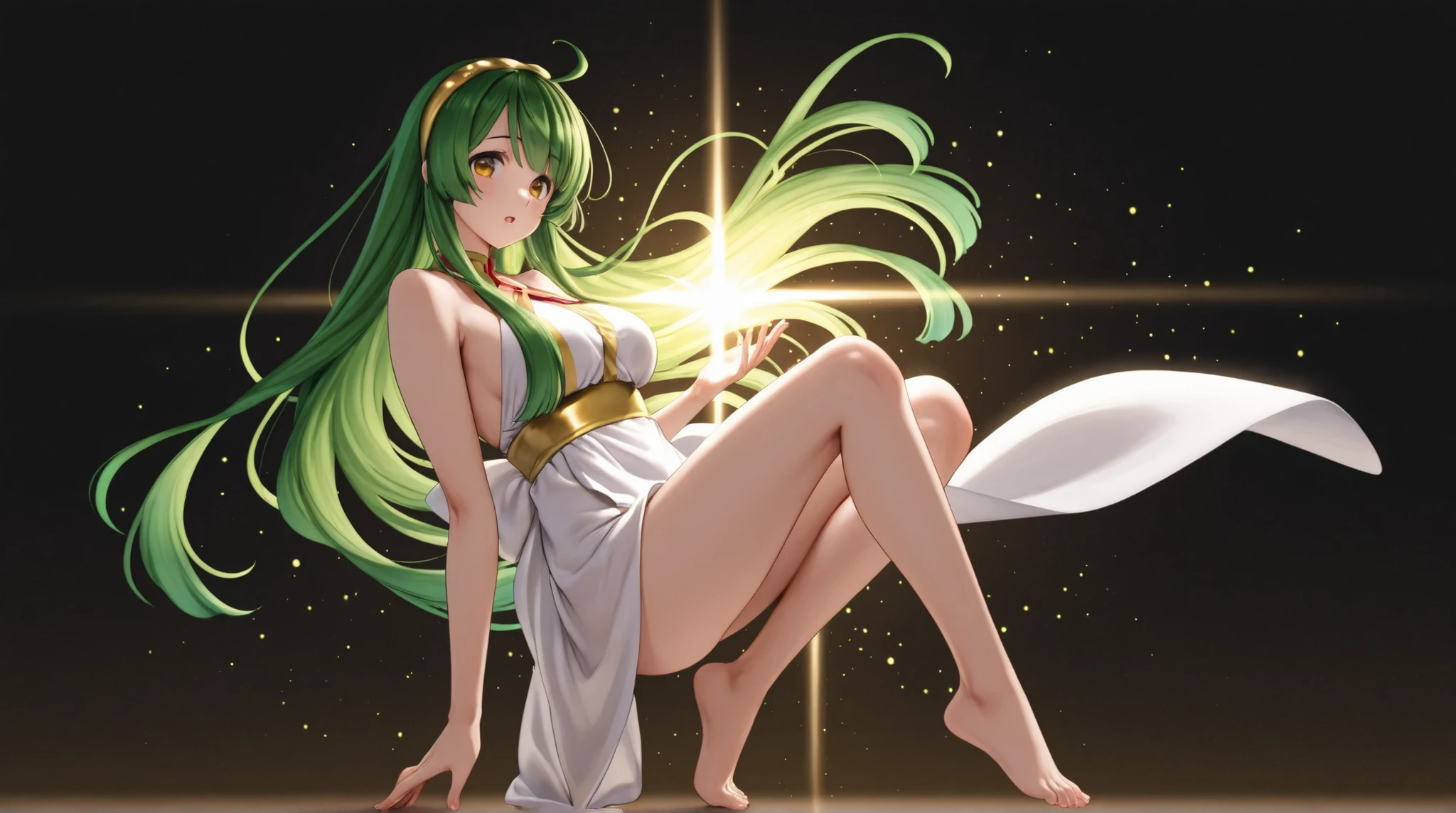 Zunko Tohoku、 one girl 、solo、greenのヘアバンド、シンプルなwhiteいロングワンピース、bare feet、standing、Strange Expression、Scoop up Light Particles with Both Hands、Colorful Light Particles(red、green、yellow、Purple、white、brown、green、gold、silver)、 Light Traces、 Jumping Particles of Light jet black background 、Close-up bust side view