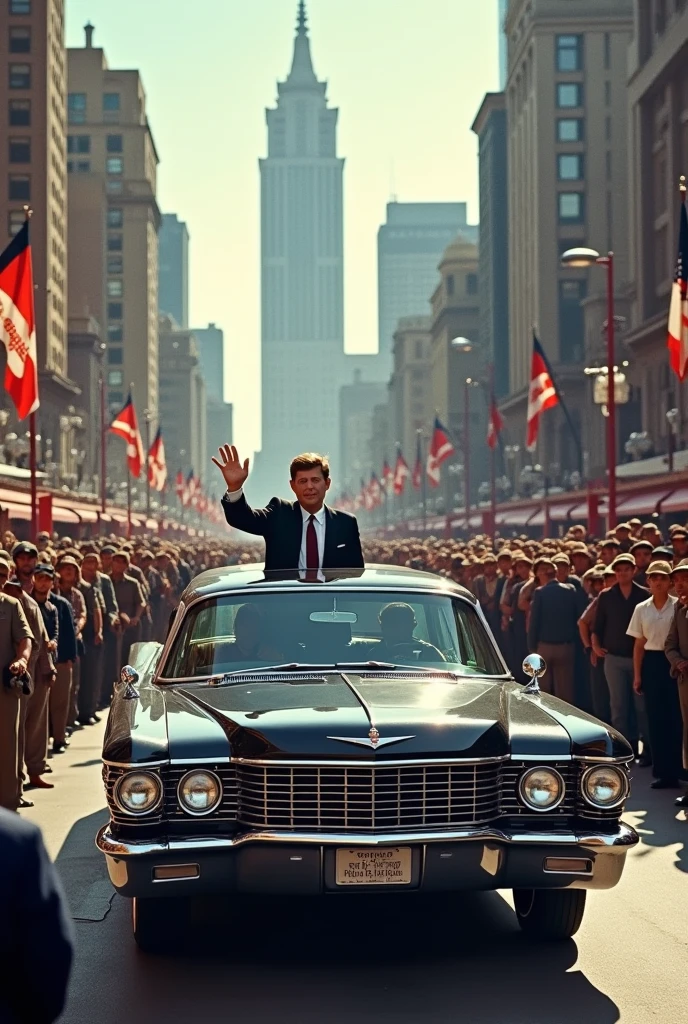 super realism, Dallas, TX, November 1963, Kennedy riding in a covered bulletproof car, Spectators watching the parade