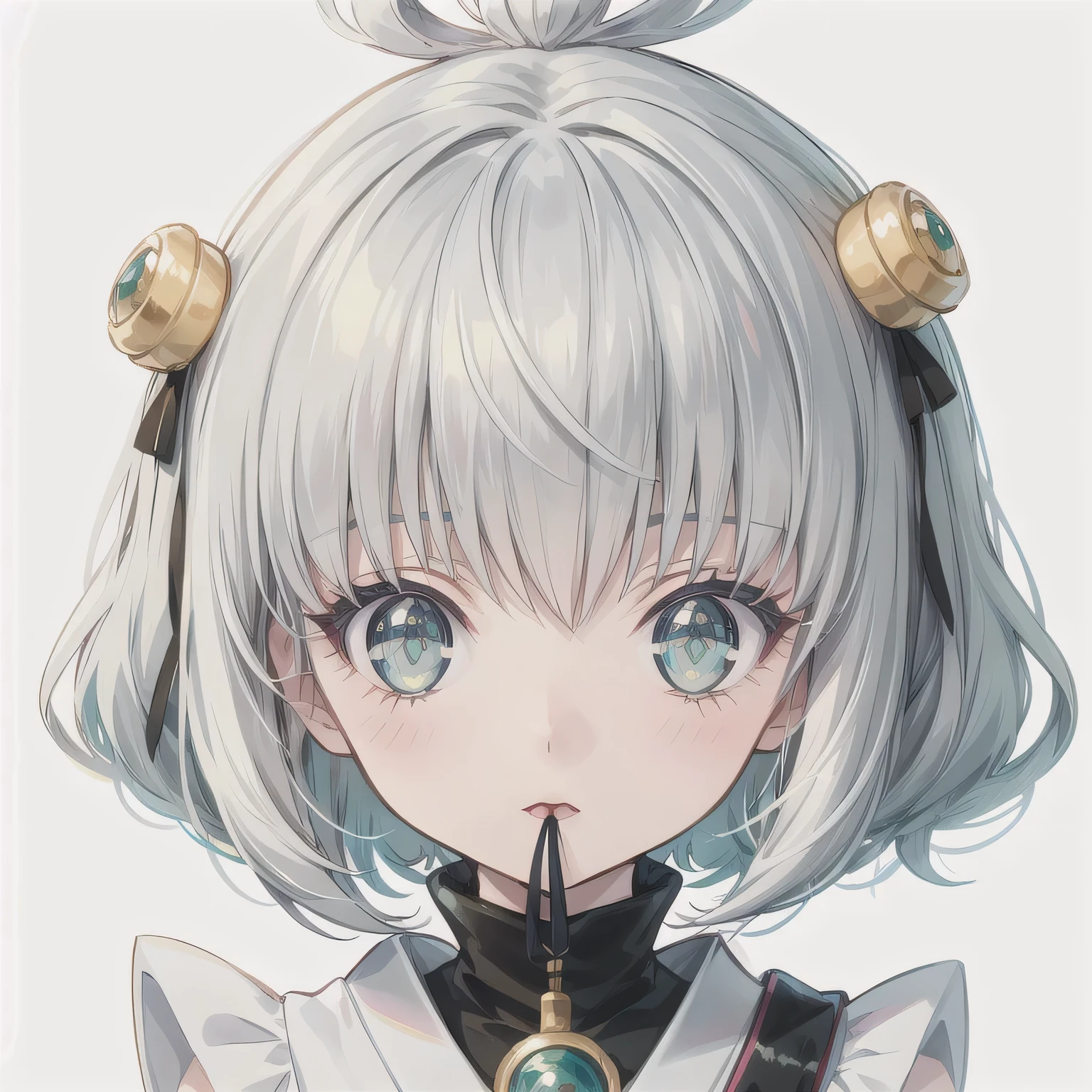 A Japanese anime-style chibi girl, 3-head-tall, super round body and head, deformed proportion, big sparkling eyes, small nose and mouth, cute and soft illustration, simplified color palette, masterpiece. White hair, bob haircut, green eyes.